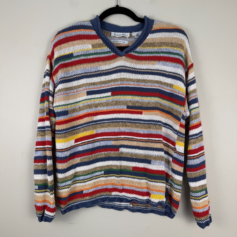 Robert Scott Sweater Women's M Multicolor Striped V-Neck Hand Knitted Pullover